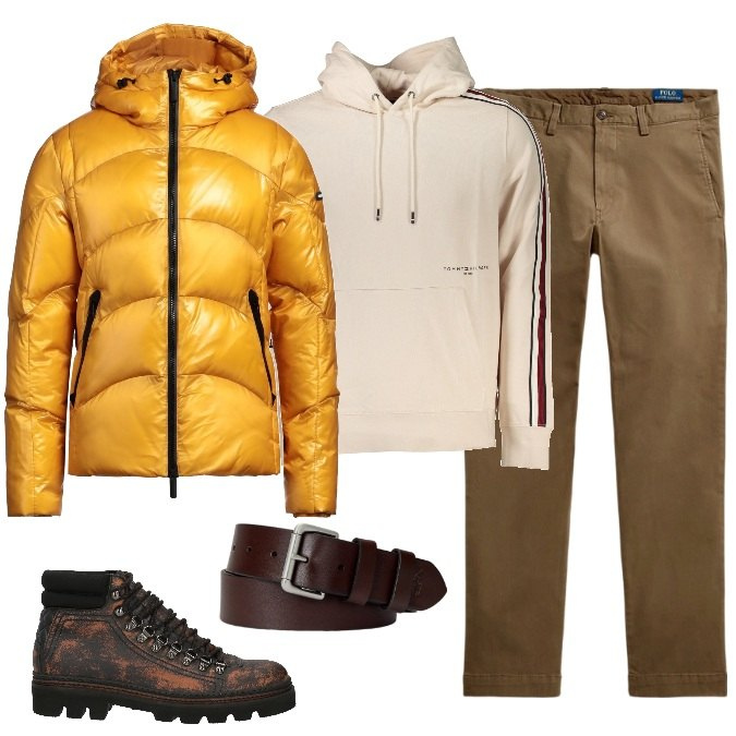 Outfit uomo - Pioggia e vento. Stile Casual per Tutti i giorni. Abbinamento con piumini, stivali e stivaletti, cinture, pantaloni, felpe con cappuccio.
