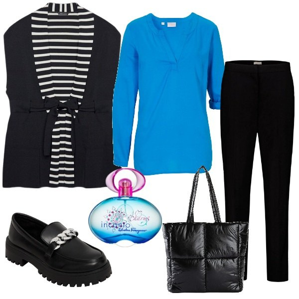 Outfit donna - Incanto charms. Stile Casual per Ufficio. Abbinamento con tuniche, shopping bag, profumi, mocassini, pantaloni, gilet.