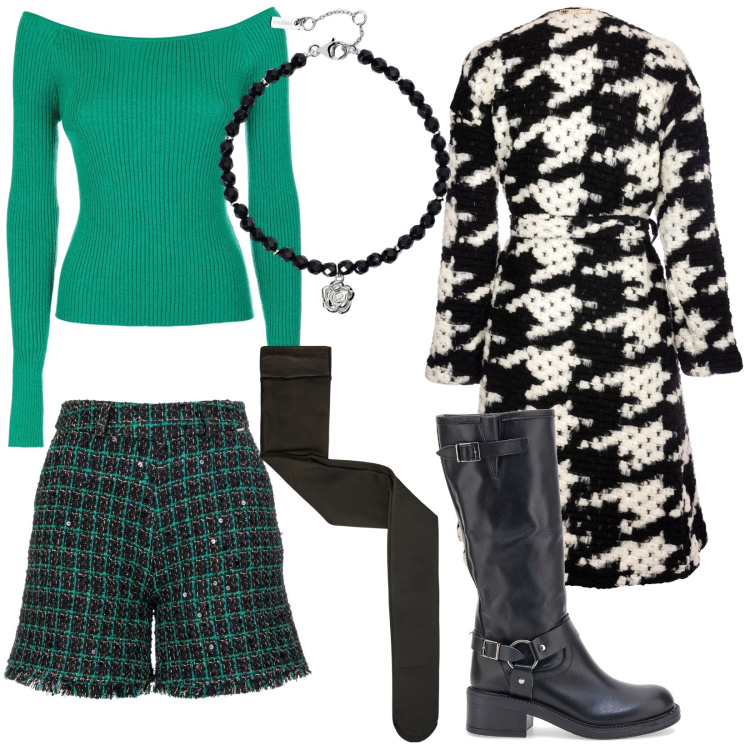 Outfit donna - Shorts e stivali. Stile Casual chic per Serata fuori. Abbinamento con collant, braccialetti, cappotti, pantaloni corti, maglieria, stivali.