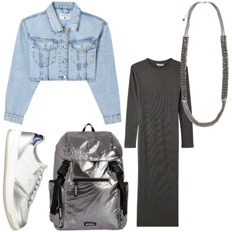 Outfit donna - Pomeriggio shopping. Stile Casual per Tutti i giorni. Abbinamento con vestiti lunghi, blazer, zaini, collane, sneakers.