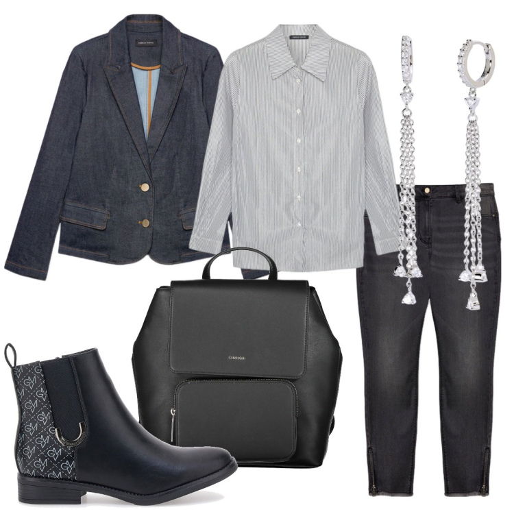 Outfit donna - Tailleur in denim. Stile Basic per Tutti i giorni. Abbinamento con orecchini, stivaletti, blazer, camicie, jeans skinny, zaini.