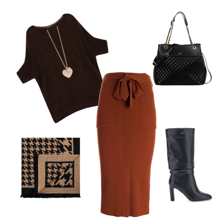 Outfit donna - Total look #1984915. Stile Sexy per Serata fuori. Abbinamento con ciondoli, shopping bag, sciarpe, gonne longuette, pullovers, stivali.