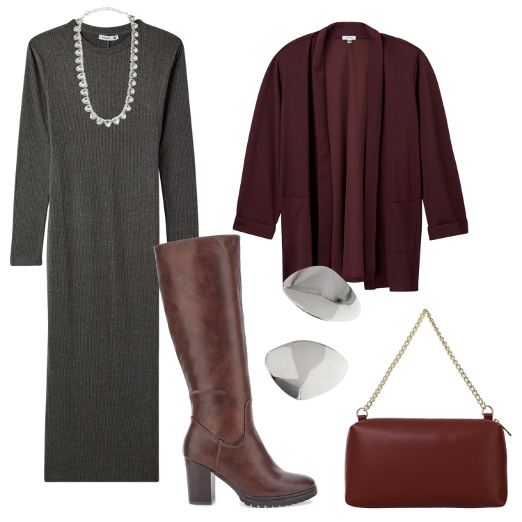 Outfit donna - Total look #1984916. Stile Casual chic per Ufficio. Abbinamento con vestiti lunghi, blazer, collane, borse a tracolla, orecchini, stivali.