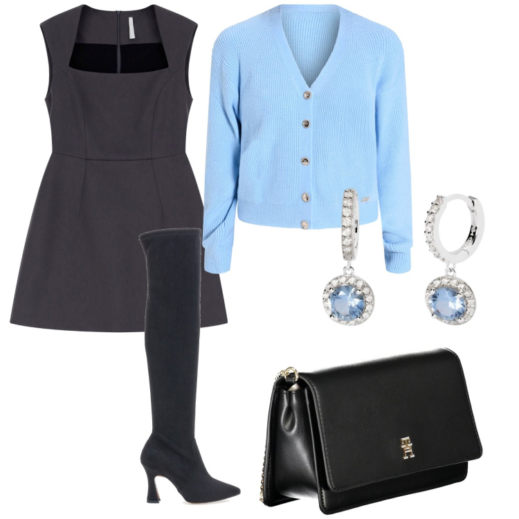 Outfit donna - Total look #1984918. Stile Chic per Ufficio. Abbinamento con orecchini, cardigans, vestiti corti, stivali, borse a tracolla.