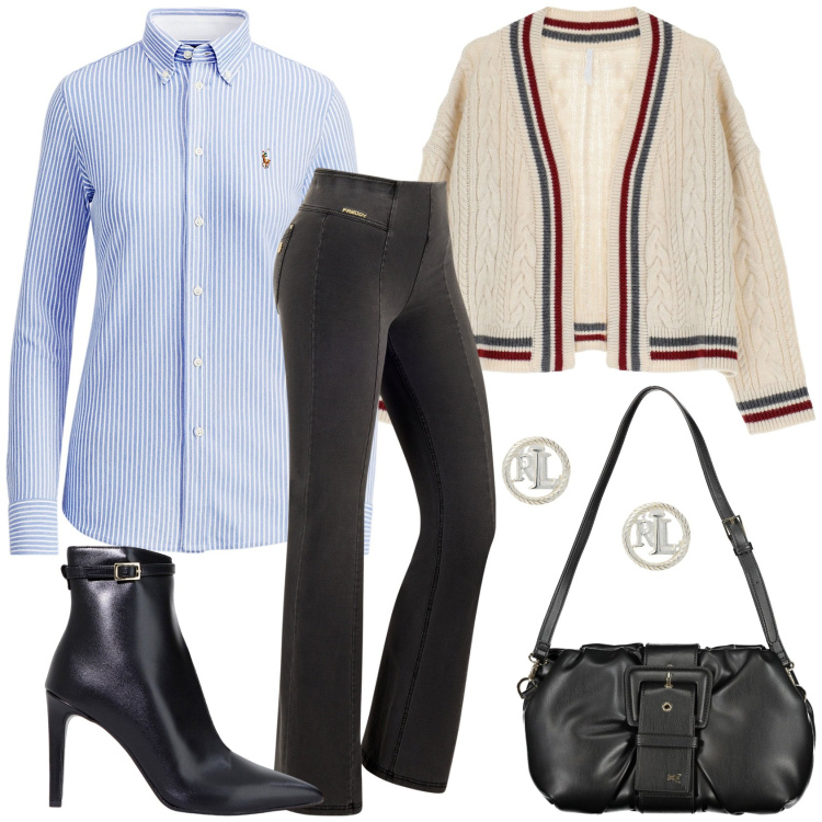 Outfit donna - Total look #1984921. Stile Chic per Ufficio. Abbinamento con cardigans, stivaletti, jeans a zampa, camicie, orecchini, borse a mano.