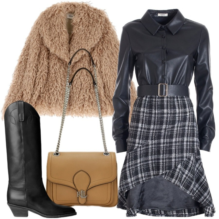 Outfit donna - Stivali a punta. Stile Trendy per Serata fuori. Abbinamento con vestiti asimmetrici, cappotti, borse a spalla, stivali.