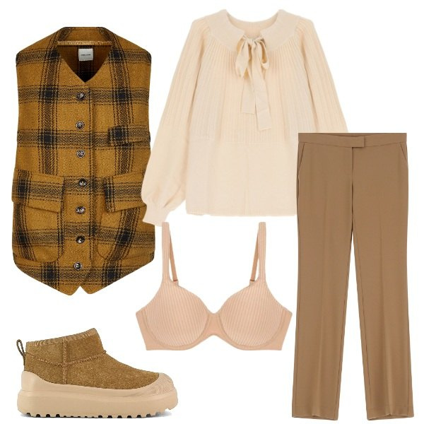 Outfit donna - Look confort. Stile Basic per Tutti i giorni. Abbinamento con pantaloni, pullovers, stivali, gilet, reggiseni.