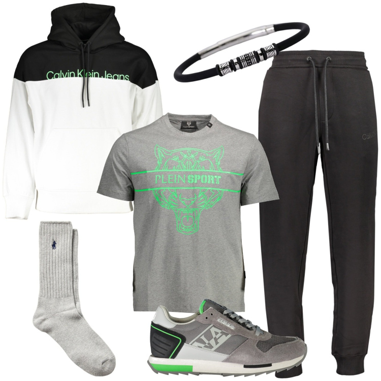 Outfit uomo - Stile athleisure. Stile Casual per Tutti i giorni. Abbinamento con braccialetti, calzini, felpe con cappuccio, pantaloni, sneakers, t-shirt.