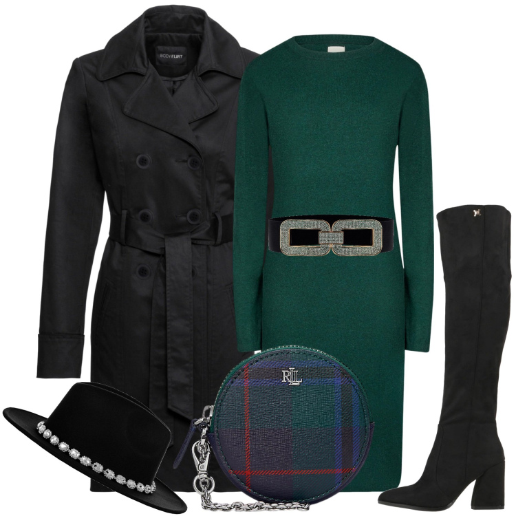 Outfit donna - City. Stile Urban per Tutti i giorni. Abbinamento con trench, stivali, cinture, cappelli, pochette, vestiti midi/longuette.
