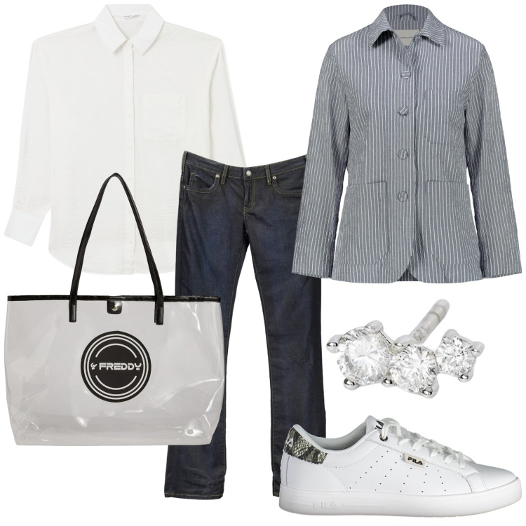 Outfit donna - Ma che prezzi!. Stile Casual per Tutti i giorni. Abbinamento con camicie, orecchini, shopping bag, blazer, jeans, sneakers.