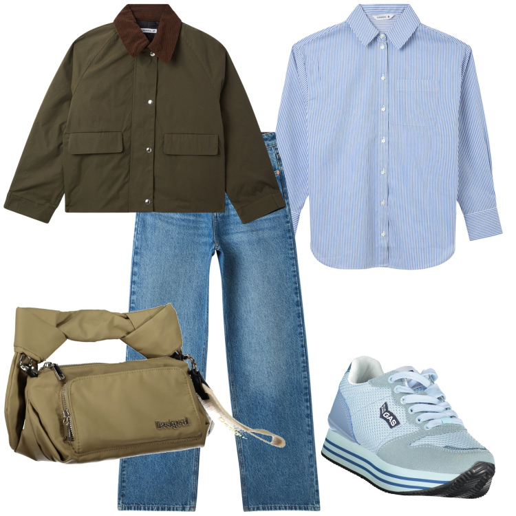 Outfit donna - Comodamente domenica sera. Stile Basic per Tutti i giorni. Abbinamento con camicie, trench, jeans, sneakers, borse a spalla.