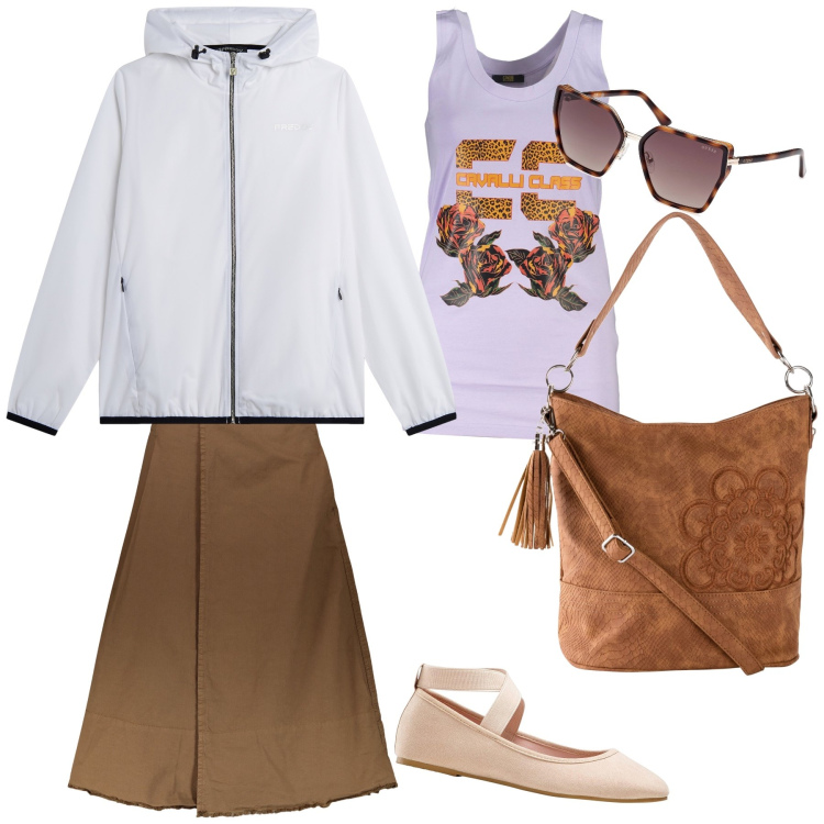Outfit donna - Total look. Stile Basic per Tutti i giorni. Abbinamento con borse a mano, ballerine, blazer, gonne lunghe, occhiali da sole, canottiere.