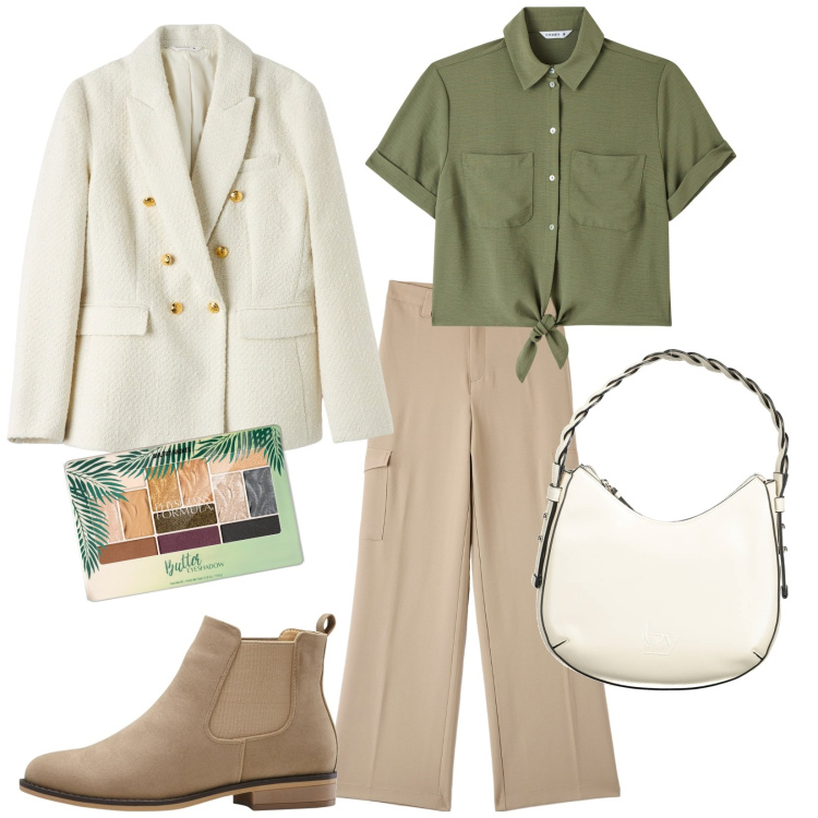 Outfit donna - Total look #1984956. Stile Casual per Tutti i giorni. Abbinamento con stivaletti chelsea, ombretti, pantaloni cargo, blazer, camicie a manica corta, borse a spalla.