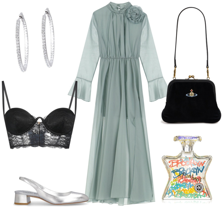 Outfit donna - Verde ed eterea cerimonia. Stile Romantica per Cerimonia. Abbinamento con reggiseni a balconcino, profumi, orecchini, vestiti lunghi, décolleté, pochette.