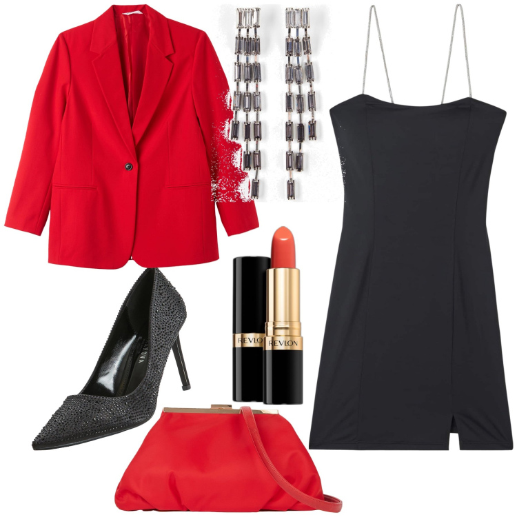 Outfit donna - Le rouge et le noir. Stile Sexy per Serata fuori. Abbinamento con orecchini, rossetti, blazer, vestiti corti, décolleté, pochette.