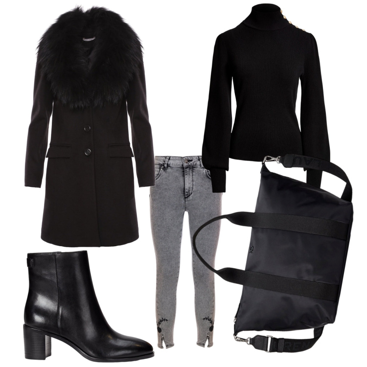 Outfit donna - Nero facile. Stile Casual chic per Tutti i giorni. Abbinamento con cappotti, jeans, maglieria, stivaletti, borse tote.