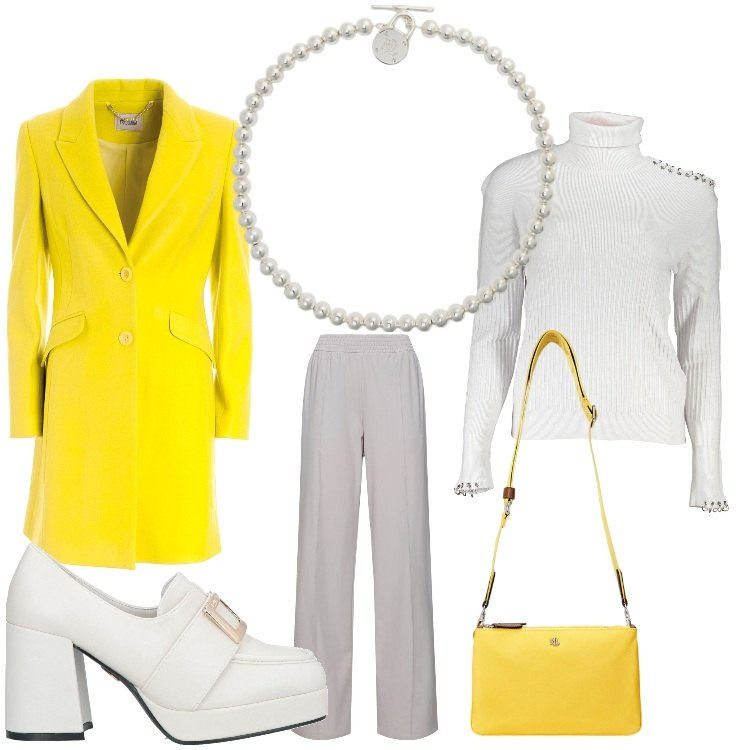 Outfit donna - Giallo e perle. Stile Chic per Ufficio. Abbinamento con mocassini, cappotti, collane, borse a tracolla, maglieria, pantaloni.