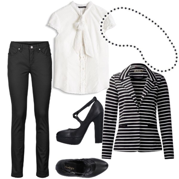 Outfit donna - Semplicemente eleganza. Stile Trendy per Ufficio. Abbinamento con jeans, décolleté con tacco squadrato e fibbia interno foderato con punta tonda in pelle sintetica tinta unita, giacca multicolore e nero, camicia bianco, collana con perle bianco e nero.