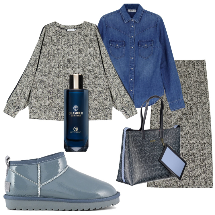 Outfit donna - Tutti i giorni. Stile Glamour per Tutti i giorni. Abbinamento con profumi, felpe, gonne, camicie, borse a spalla, stivali.