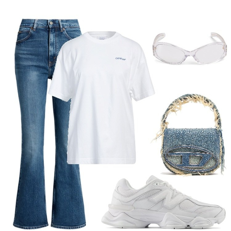 Outfit donna - ?. Stile Urban per Tutti i giorni. Abbinamento con t-shirt, sneakers, jeans, occhiali da sole, borse a mano.