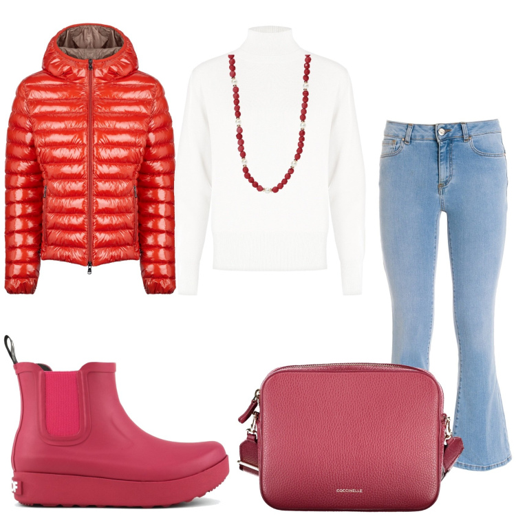 Outfit donna - Mattina di pioggia. Stile Casual per Tutti i giorni. Abbinamento con collane, maglieria, jeans, blazer, stivali, borse a tracolla.