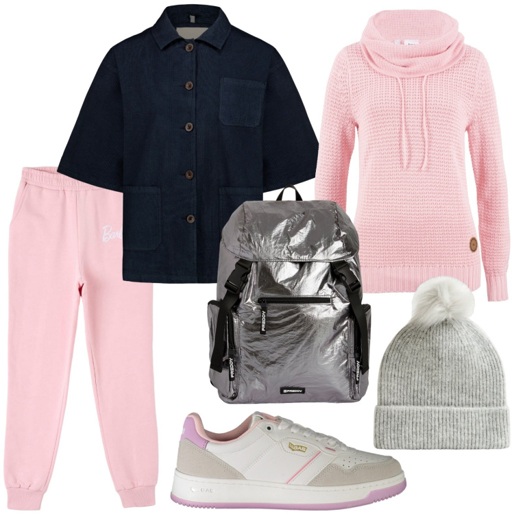 Outfit donna - Comoda in tuta. Stile Urban per Scuola/Università. Abbinamento con maglieria, pantaloni, berretti, zaini, blazer, sneakers.