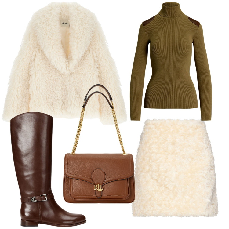 Outfit donna - Ero bellissima. Stile Casual chic per Serata fuori. Abbinamento con minigonne, blazer, borse a spalla, stivali, maglieria.