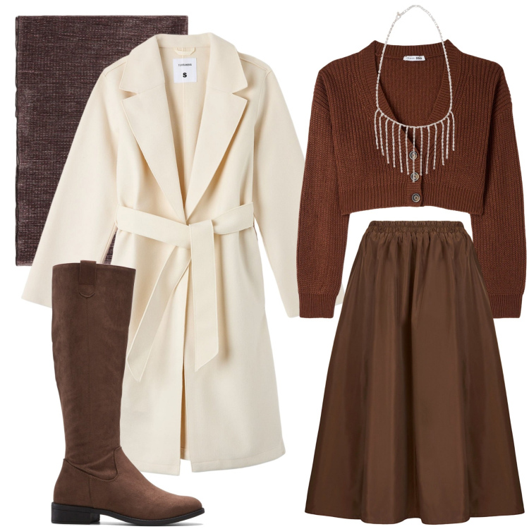 Outfit donna - Cappotto avorio. Stile Glamour per Ufficio. Abbinamento con stivali, cardigans, cappotti, collane, gonne lunghe, stole.