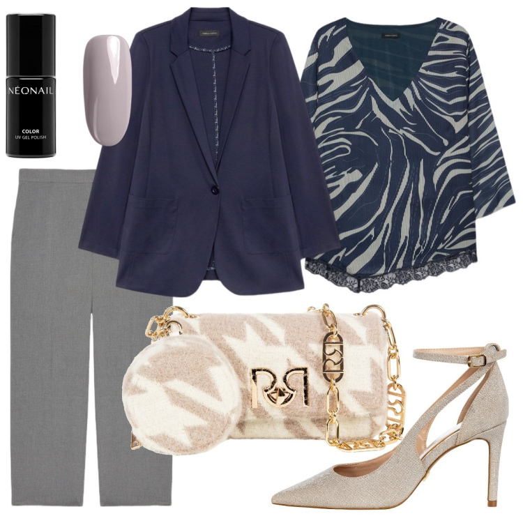 Outfit donna - Una cena elegante. Stile Glamour per Serata fuori. Abbinamento con smalti, décolleté, borse a tracolla, bluse, blazer, pantaloni a palazzo.