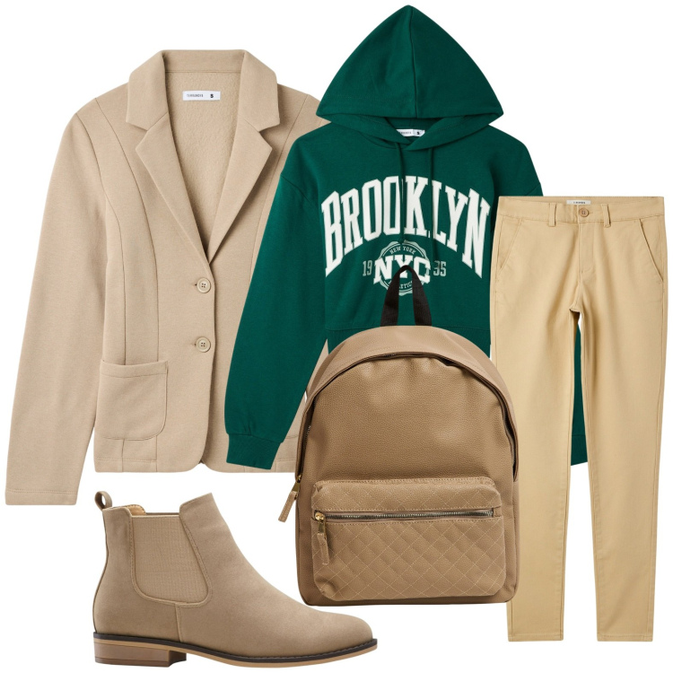 Outfit donna - La felpa sotto la giacca. Stile Casual chic per Ufficio. Abbinamento con stivaletti chelsea, pantaloni chino, blazer, felpe con cappuccio, zaini.