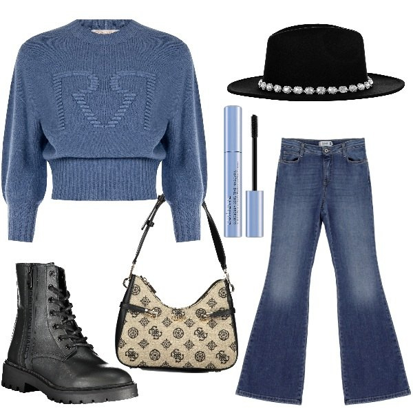 Outfit donna - Giornata in citta\'. Stile Trendy per Tutti i giorni. Abbinamento con mascara, jeans, maglieria, cappelli, stivali, borse a spalla.