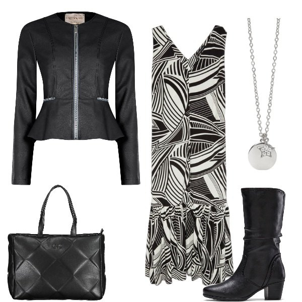 Outfit donna - Black and white. Stile Casual chic per Serata fuori. Abbinamento con stivali, ciondoli, blazer, vestiti lunghi, borse a spalla.