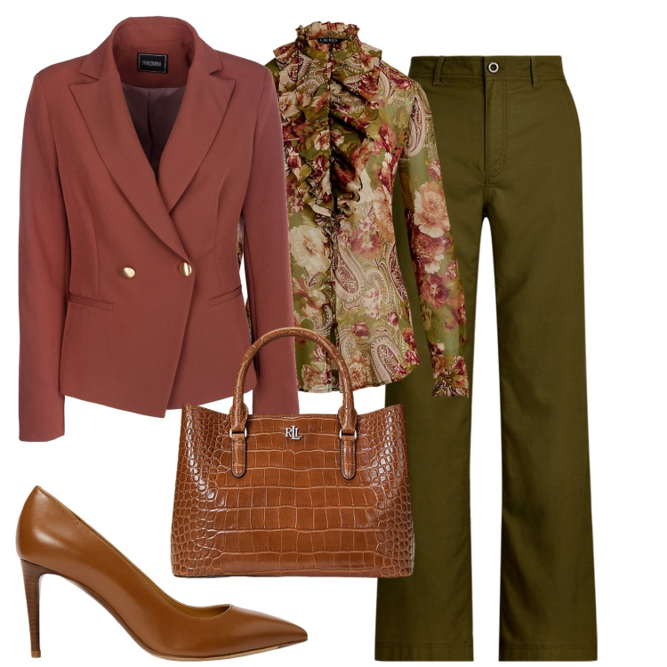 Outfit donna - City. Stile Chic per Tutti i giorni. Abbinamento con blazer, décolleté, camicie, borse a mano, pantaloni.