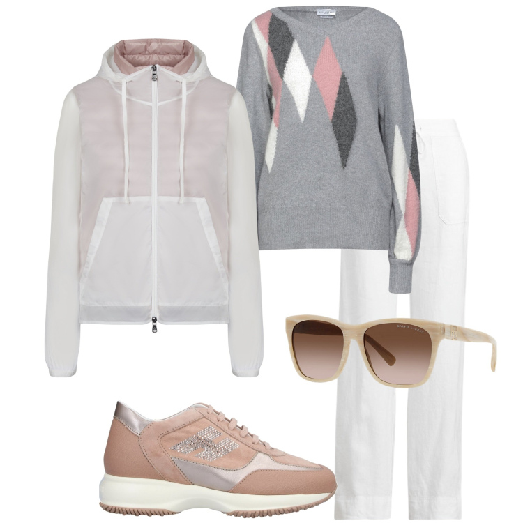 Outfit donna - Giornata di riposo. Stile Casual chic per Tutti i giorni. Abbinamento con sneakers, pullovers, occhiali da sole, pantaloni, blazer.