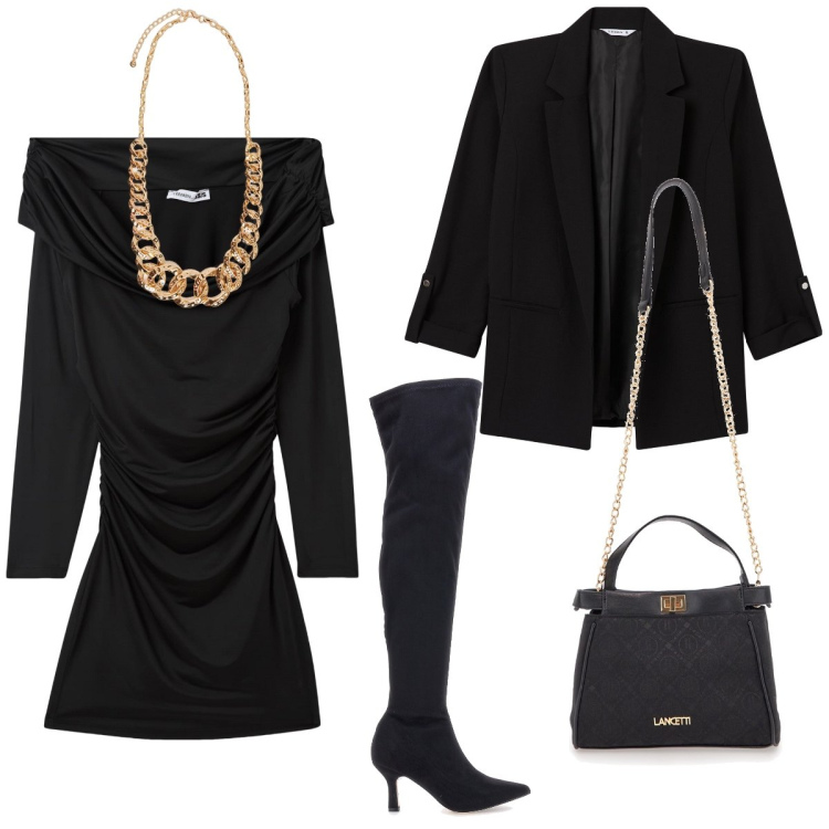 Outfit donna - Una vera maliarda. Stile Sexy per Serata fuori. Abbinamento con vestiti corti, blazer, stivali sopra il ginocchio, borse a tracolla, collane.