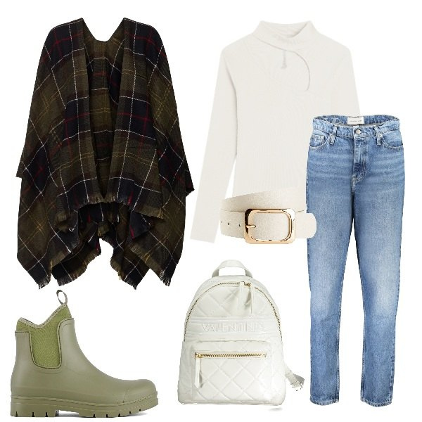 Outfit donna - Giornate di pioggia. Stile Urban per Tutti i giorni. Abbinamento con cinture, maglieria, stivali, jeans mom, cappe, zaini.