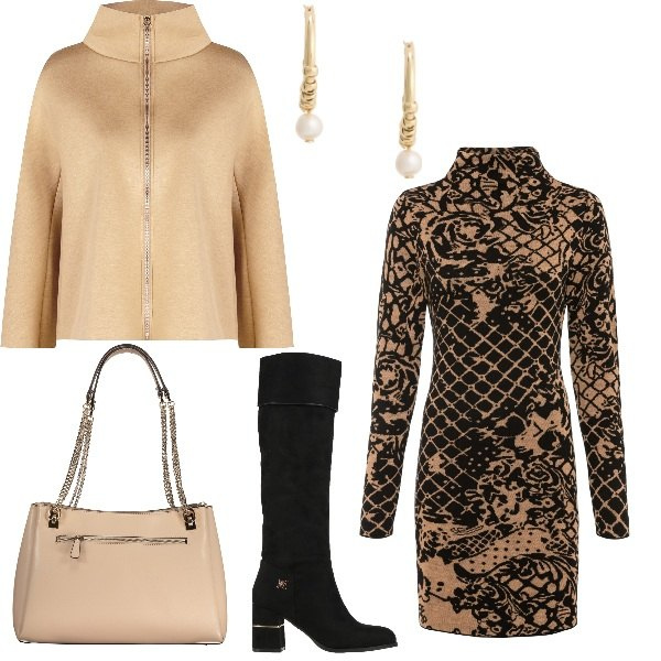 Outfit donna - Look ufficio. Stile Casual chic per Ufficio. Abbinamento con vestiti, stivali, cappe, orecchini, borse a spalla.