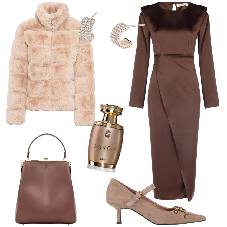 Outfit donna - A teatro. Stile Chic per Serata fuori. Abbinamento con ecopellicce, décolleté, profumi, orecchini, vestiti midi/longuette, borse a spalla.