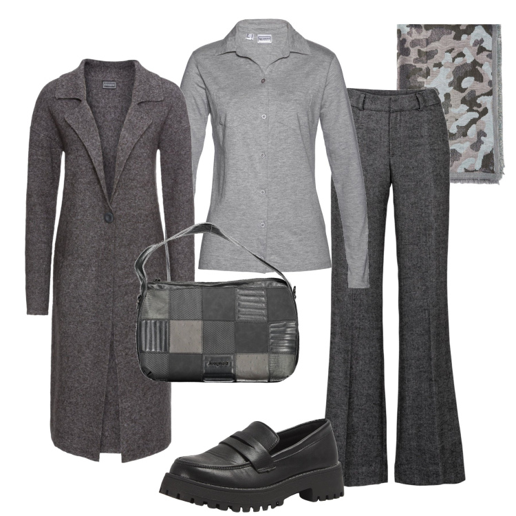 Outfit donna - Mrs.grey mélange in ufficio. Stile Mannish per Ufficio. Abbinamento con pantaloni a palazzo, camicie, cappotti, mocassini, borse a spalla, sciarpe.