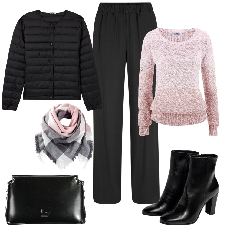 Outfit donna - Al lavoro. Stile Casual chic per Ufficio. Abbinamento con maglieria, pantaloni, foulard, piumini, stivaletti, borse a tracolla.