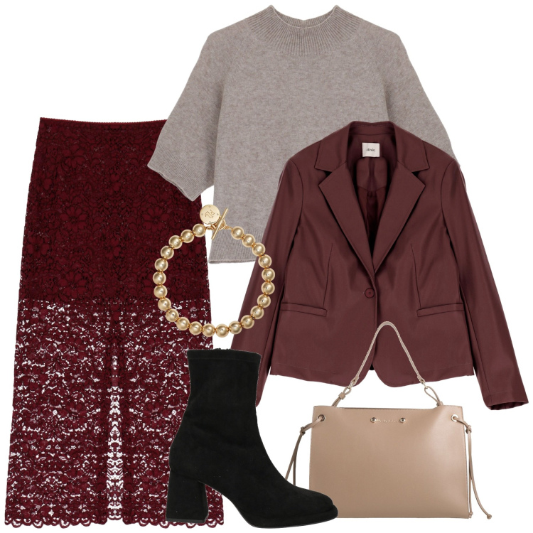 Outfit donna - Burgundy in pizzo di sera. Stile Chic per Serata fuori. Abbinamento con gonne longuette, maglieria, braccialetti, blazer, stivaletti, borse a mano.