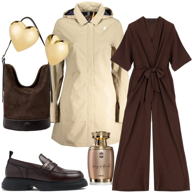 Outfit donna - Total look #1985062. Stile Casual chic per Tutti i giorni. Abbinamento con profumi, orecchini, tute, borse a secchiello, trench, mocassini.