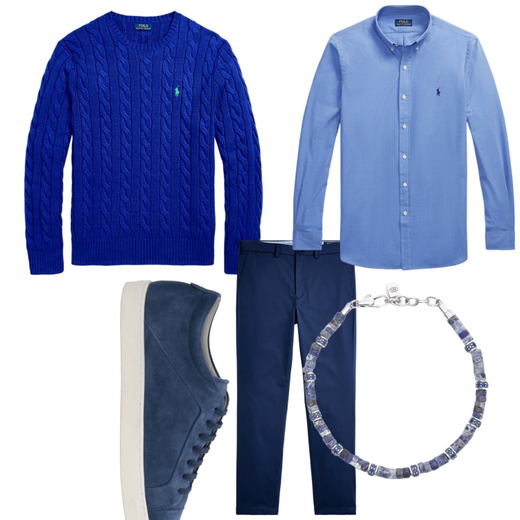Outfit uomo - Signor blu. Stile Casual per Tutti i giorni. Abbinamento con sneakers, braccialetti, maglieria, camicie, pantaloni chino.