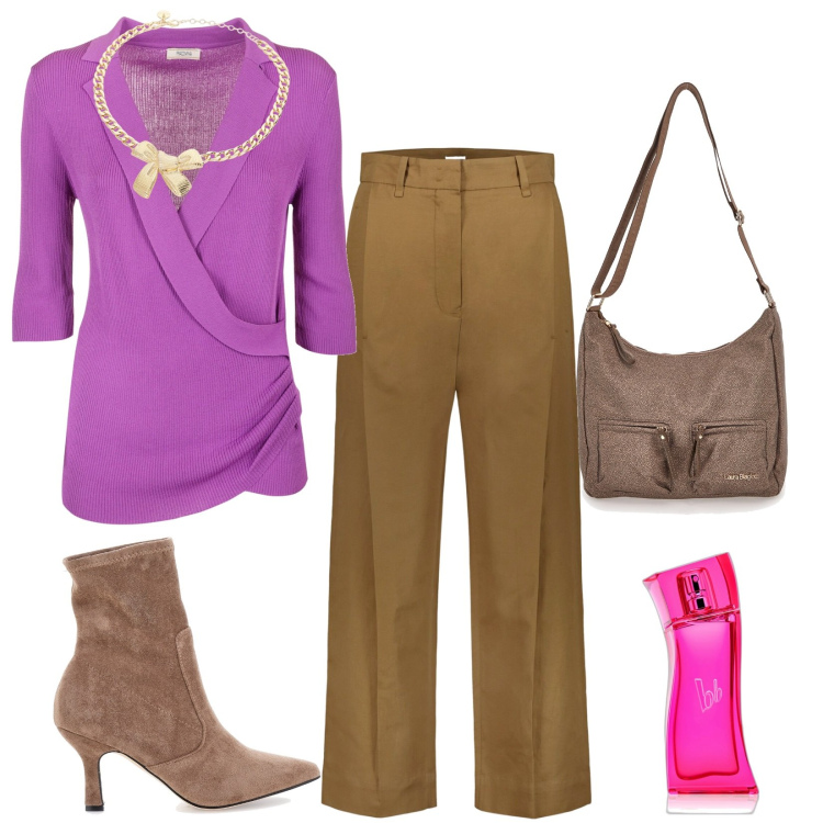 Outfit donna - Eventi autunnali. Stile Bon Ton per Serata fuori. Abbinamento con profumi, maglieria, collane, pantaloni, stivaletti, borse a tracolla.