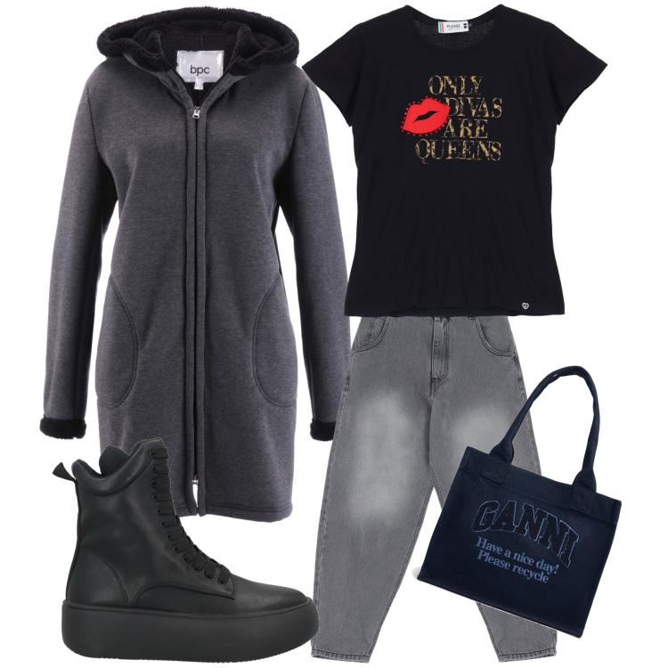 Outfit donna - Originale capo spalla. Stile Trendy per Tutti i giorni. Abbinamento con felpe, stivaletti, t-shirt, jeans, shopping bag.