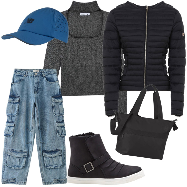 Outfit donna - Total look. Stile Casual chic per Tutti i giorni. Abbinamento con stivaletti, jeans, maglieria, borse tote, cappelli, piumini.