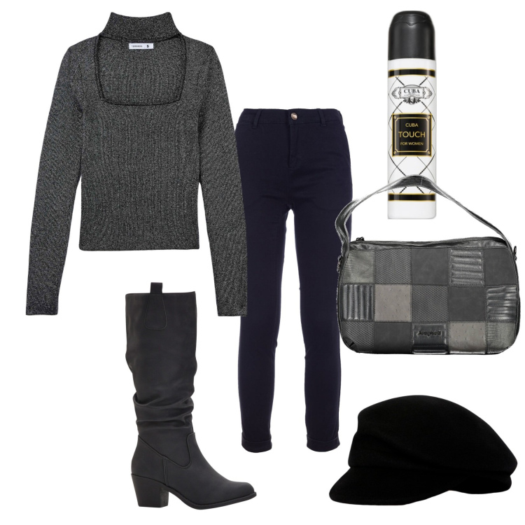Outfit donna - Total look #1985132. Stile Casual per Tutti i giorni. Abbinamento con stivali, profumi, maglieria, pantaloni, borse a spalla, berretti.