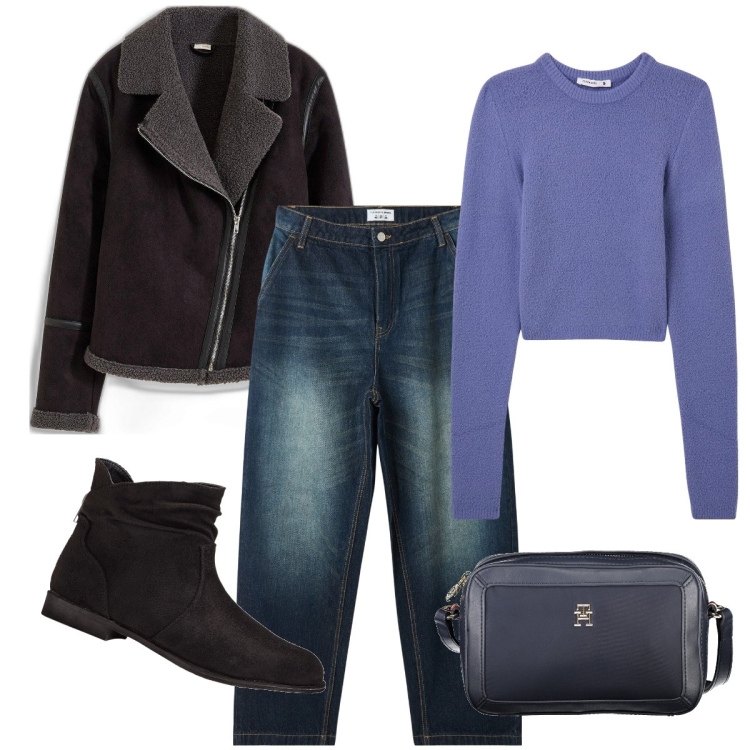 Outfit donna - Giacca di montone sintetico. Stile Casual chic per Tutti i giorni. Abbinamento con stivaletti, blazer, jeans, maglieria, borse a tracolla.