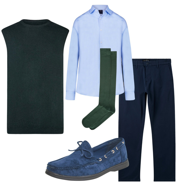 Outfit uomo - In agenzia. Stile Business/Elegante per Ufficio. Abbinamento con scarpe stringate, pantaloni chino, camicie, gilet, calzini.