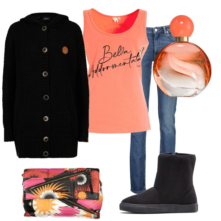 Outfit donna - Total look #1985143. Stile Casual per Tutti i giorni. Abbinamento con stivali, cardigans, profumi, canottiere, borse a spalla, jeans.